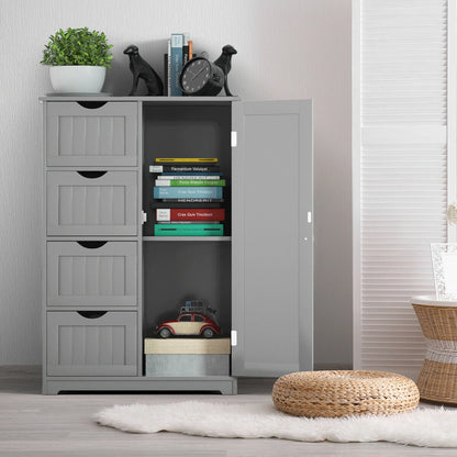 Gymax Bathroom Floor Cabinet Storage Organizer Cupboard w/4 Drawers Adjustable Shelf Grey