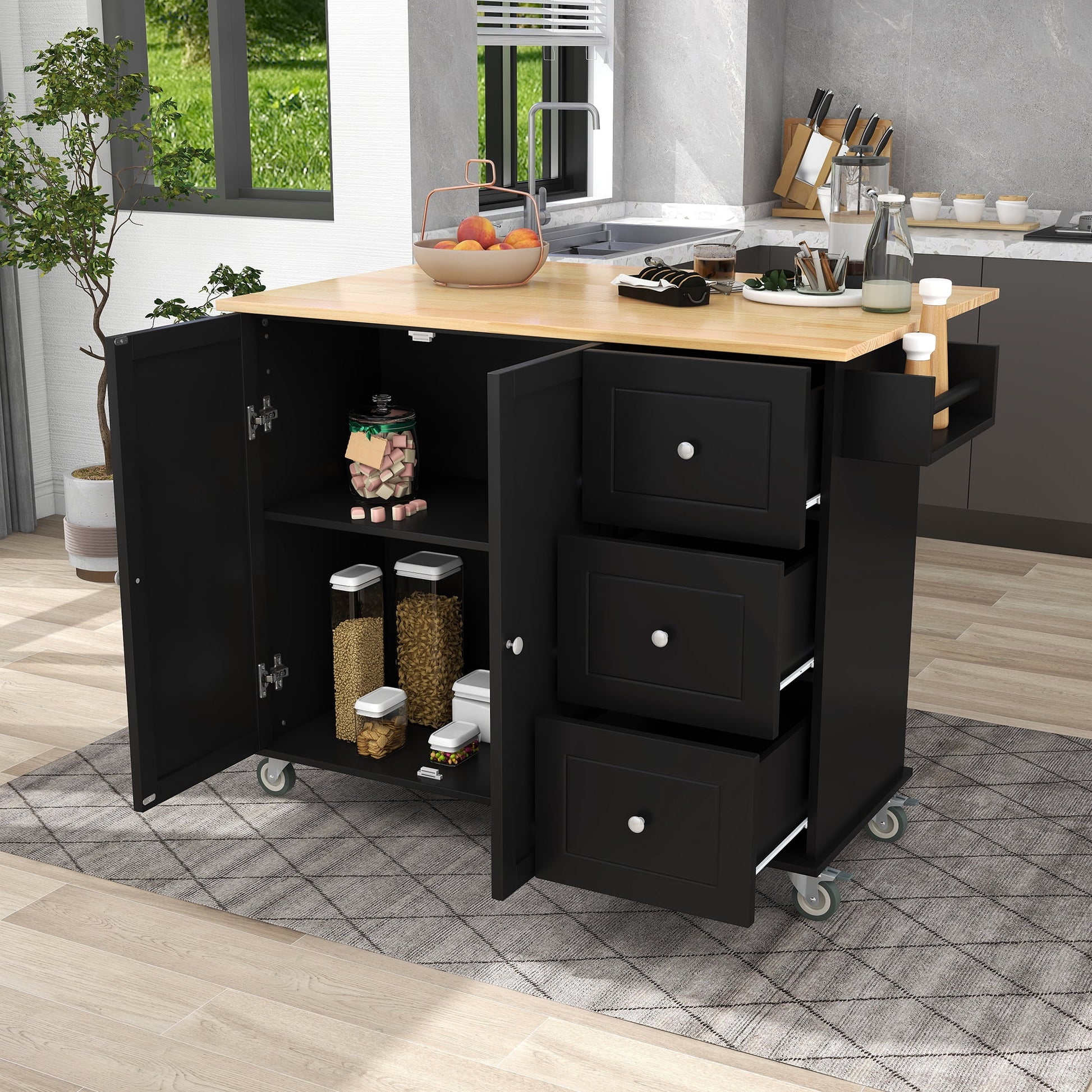 52.7" Width Rolling Mobile Kitchen Island with Solid Wood Top and Locking Wheels, Moveable Kitchen Island Cart with Storage Cabinet, Drop Leaf Breakfast Bar, Spice Rack, Towel Rack, Drawer