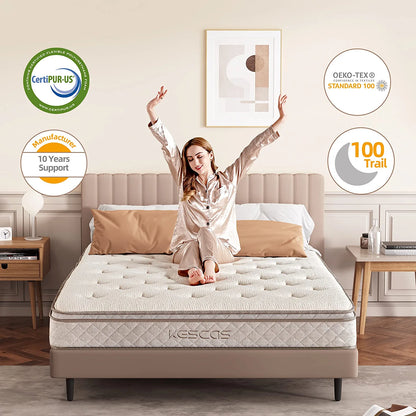 Queen Size Hybrid Mattress, Kescas 10 inch Euro Top Linen Cover Innerspring Mattress in a Box, with CertiPUR-US Certified Memory Foam, Plush Yet Supportive