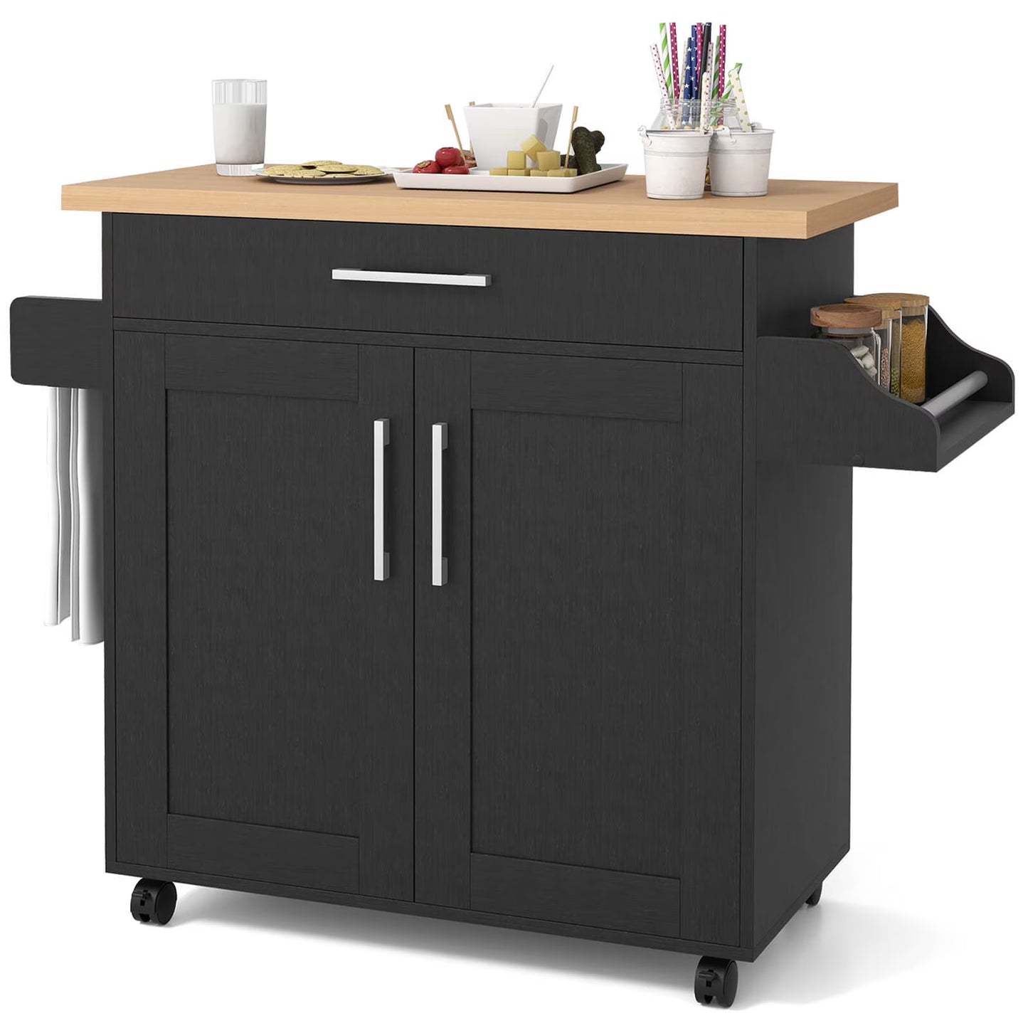 Costway Rolling Kitchen Island Cart Storage Cabinet w/Towel & Spice Rack Cherry