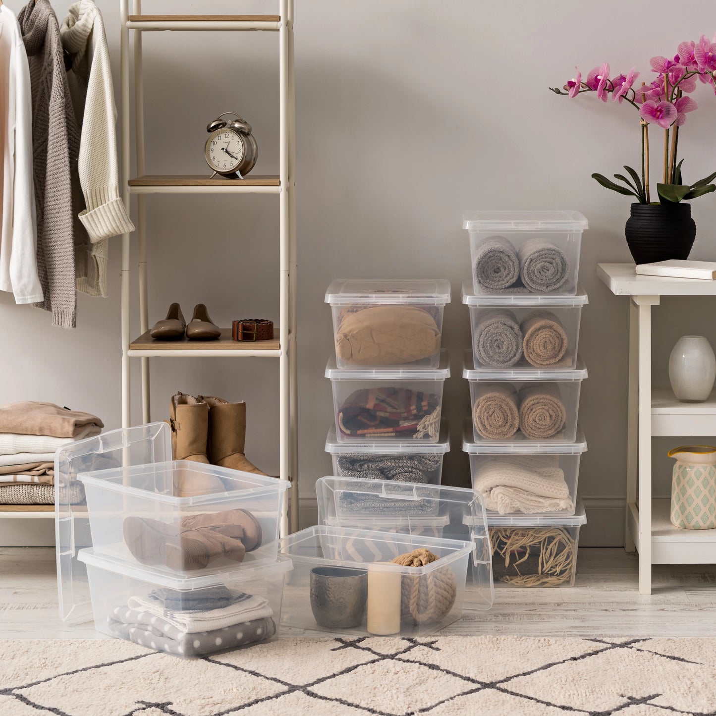 IRIS USA 58 Qt Clear Storage Box, BPA-Free Plastic Stackable Bin with Lid, Containers to Organize Closet Shelves, Clothes, Blankets, Towels, 6 Pack