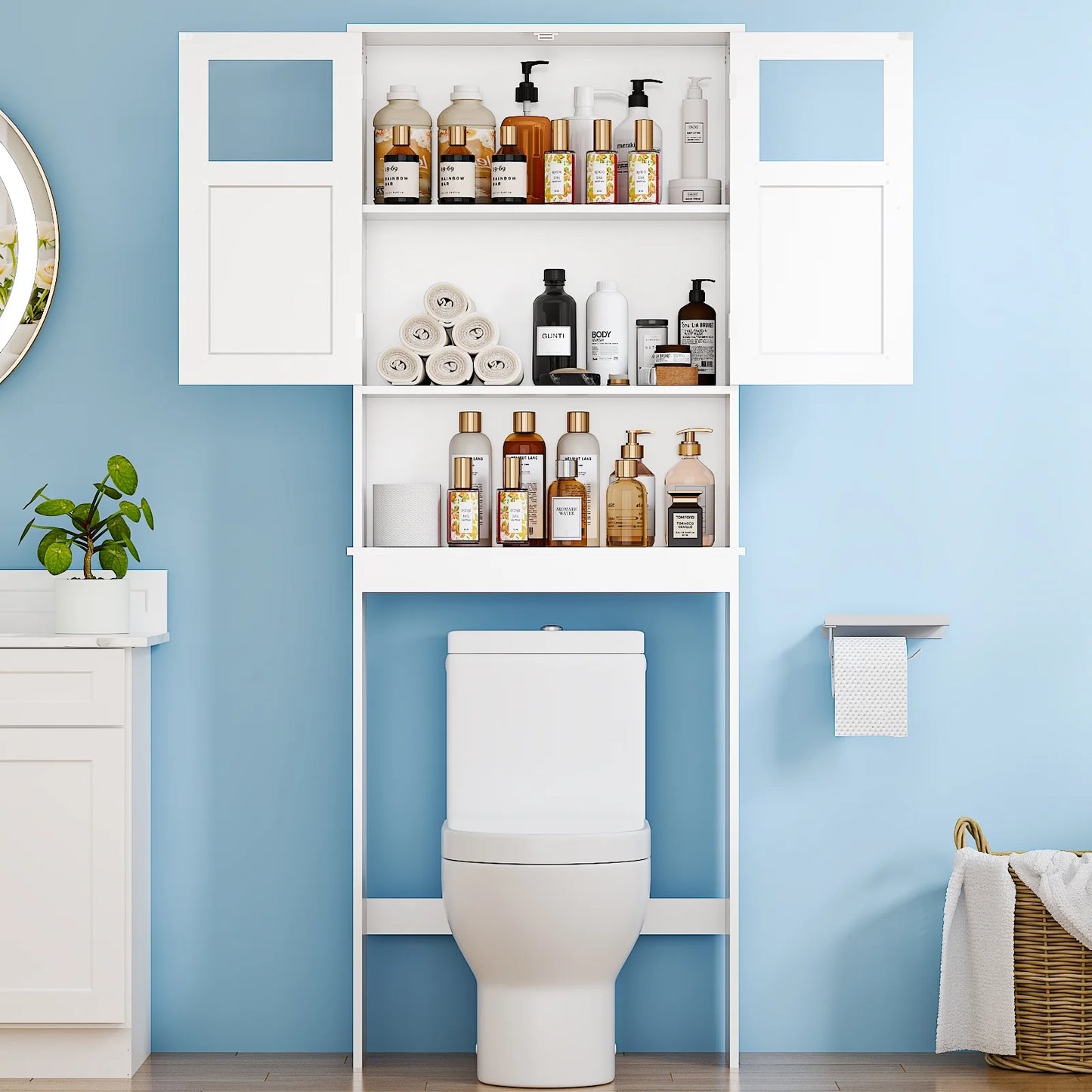 Ktaxon Over the Toilet Bathroom Storage Cabinet with 2 Doors & 3 Storage Shelves Space Saver, White