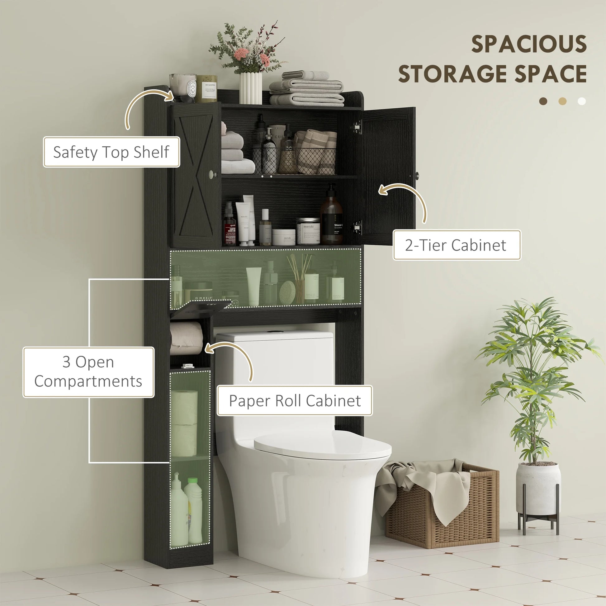 HOMCOM Over the Toilet Storage Cabinet, Farmhouse Above Toilet Bathroom Organizer with Barn Doors, Adjustable Shelf, Toilet Paper Holder, Black