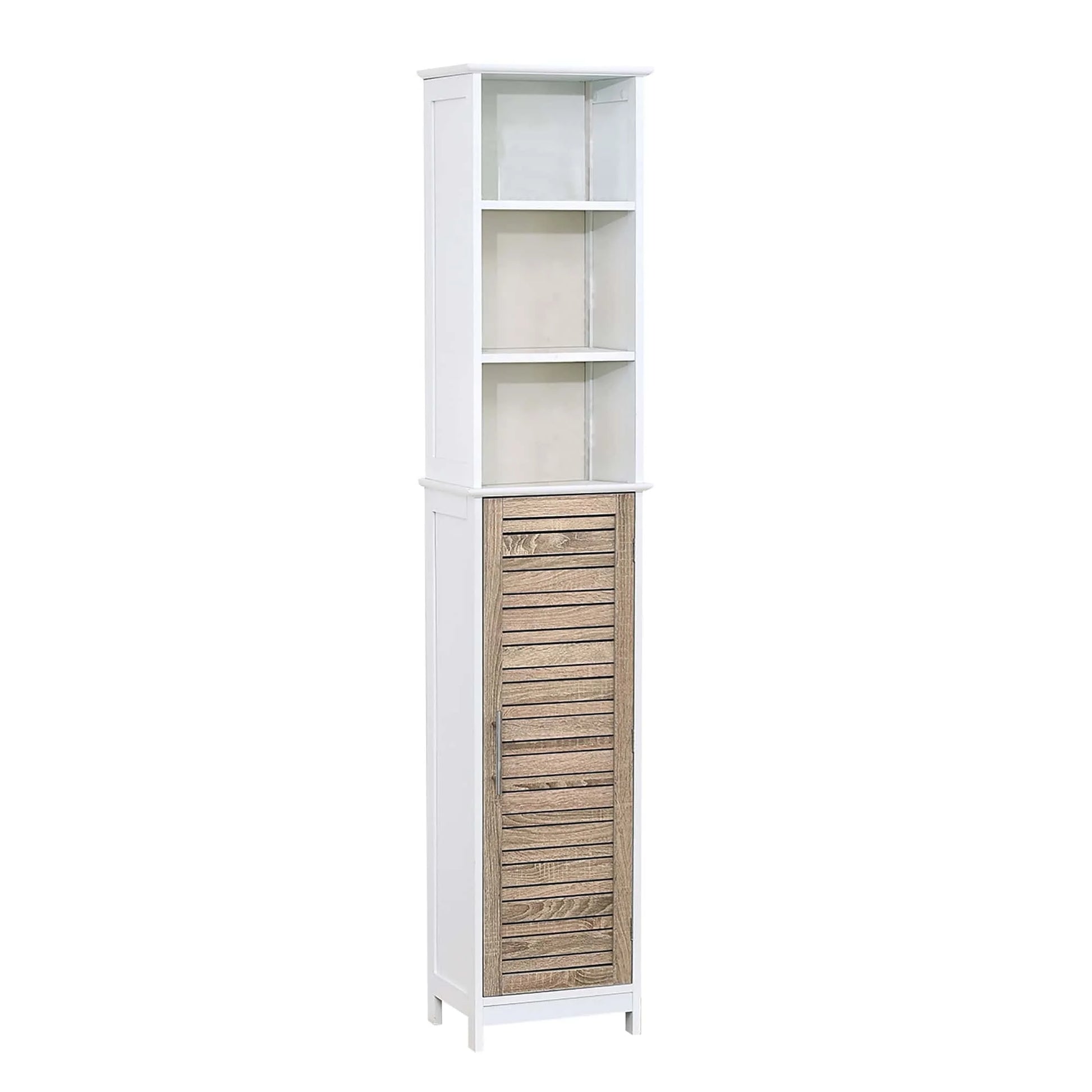 Tall Bathroom Storage Cabinet with Open Shelves and Vented Door, Slim Linen Cabinet for Compact Bathroom Organization, White and Oak Finish - Stockholm Collection