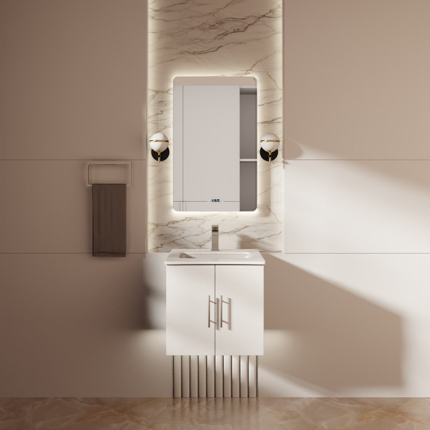 Geneva 24 in W x in D Glossy White Single Bath Vanity Cultured Marble Countertop, 18 in Mirror and Faucet Set