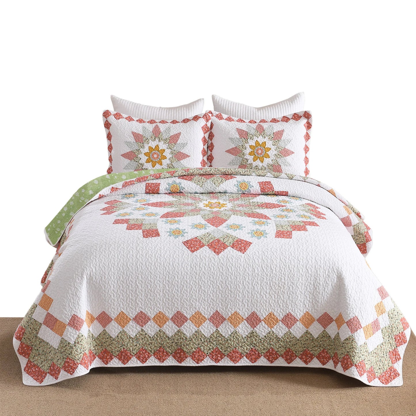 3 Pcs 100% Cotton Sunflower Pattern Patchwork Quilt Bedspread Set|Farmhouse Bedding Set for All Seasons