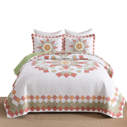 3 Pcs 100% Cotton Sunflower Pattern Patchwork Quilt Bedspread Set|Farmhouse Bedding Set for All Seasons