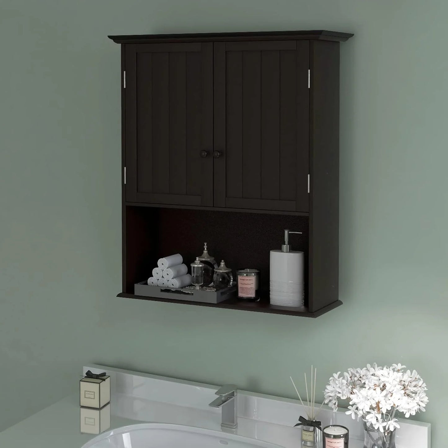 NALYL Wall Mount Bathroom Cabinet Wooden Medicine Cabinet Storage Organizer with 2-Doors and 1-Shelf Cottage Collection Wall Cabinet (Espresso)