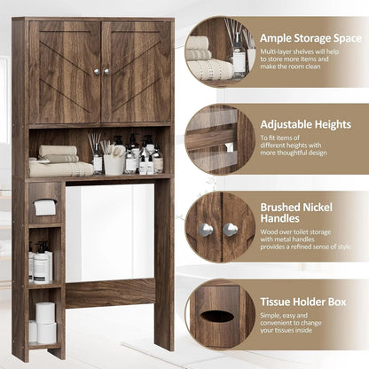 Killeryuki Over The Toilet Storage Cabinet, Farmhouse Storage Cabinet Over Toilet with Toilet Paper Holder Stand, Freestanding Bathroom Storage Organizer Space Saver W/Adjustable Shelf, Walnut