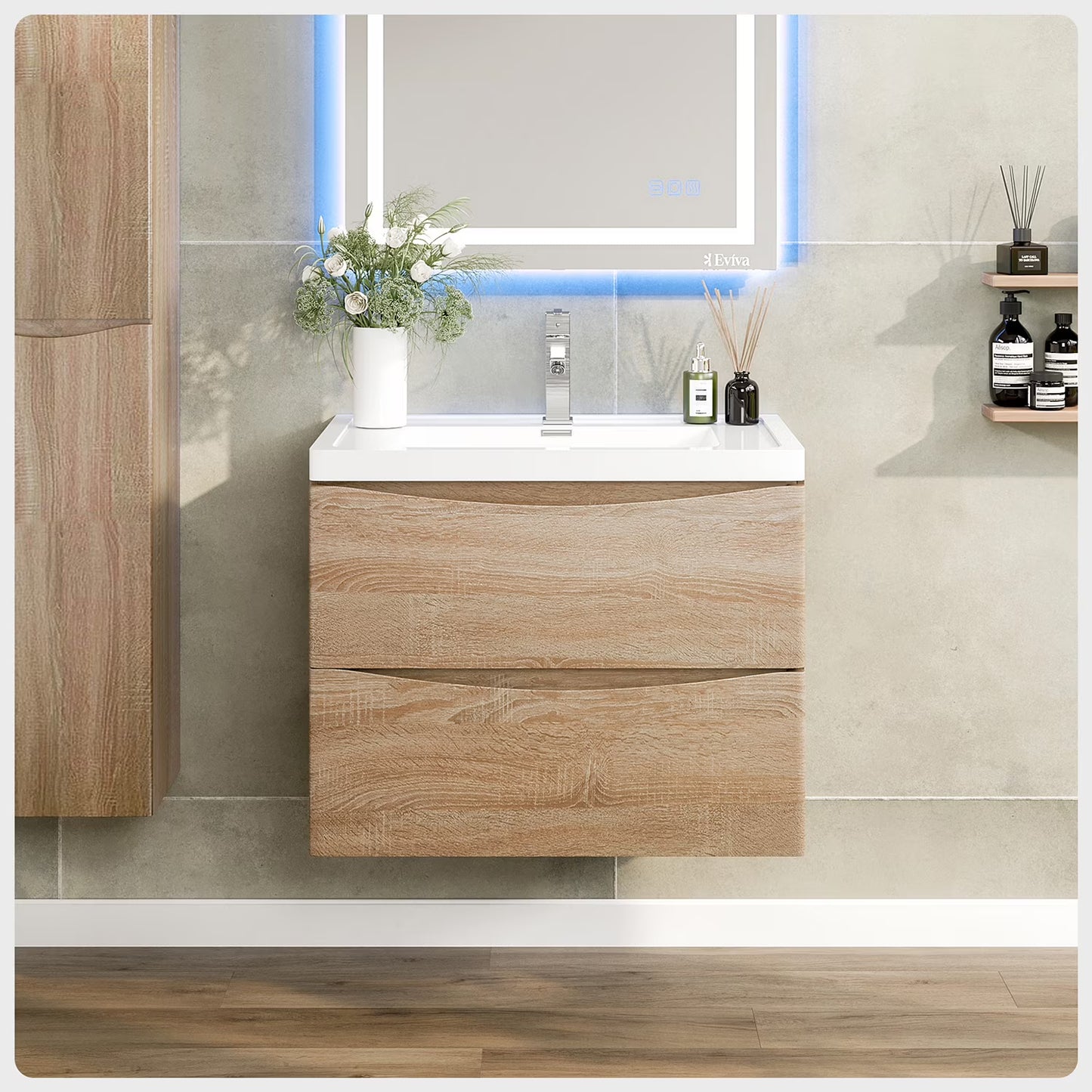 Eviva Smile 30" White Oak Wall Mount Modern Bathroom Vanity w/White Integrated Top