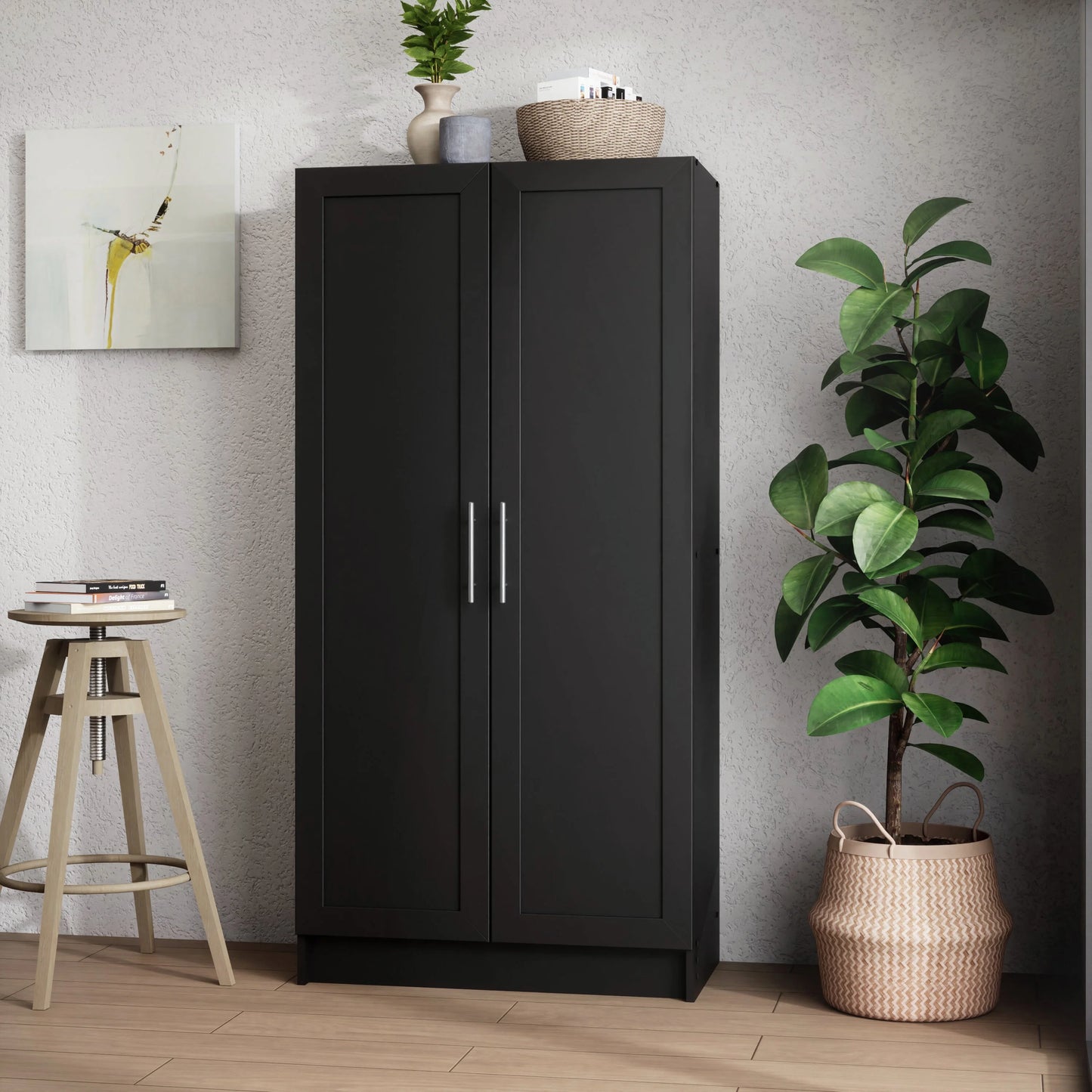 Prepac Elite Accent Cabinet with Panel Doors, Black Storage Cabinet, Bathroom Cabinet, Pantry Cabinet with 3 Shelves 16.75" D x 32" W x 65" H, BSCR-1001-1