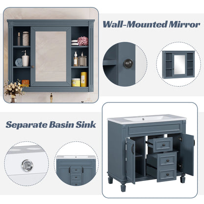 Modern Bathroom Cabinet Set with Top Sink, Bathroom Vanity with Wall Mounted Bathroom Storage Cabinet, 2 Soft Closing Doors, 2 Drawers, Water-Resistant Paint, Grey
