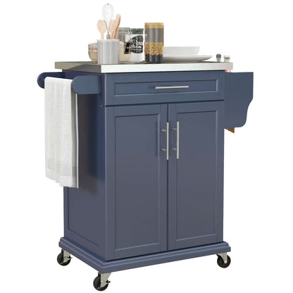 Barara King Kitchen Island,Rolling Island on Wheels, Kitchen Island Cart with Drawer, Towel Rack & Stainless Steel Countertop, Cream White