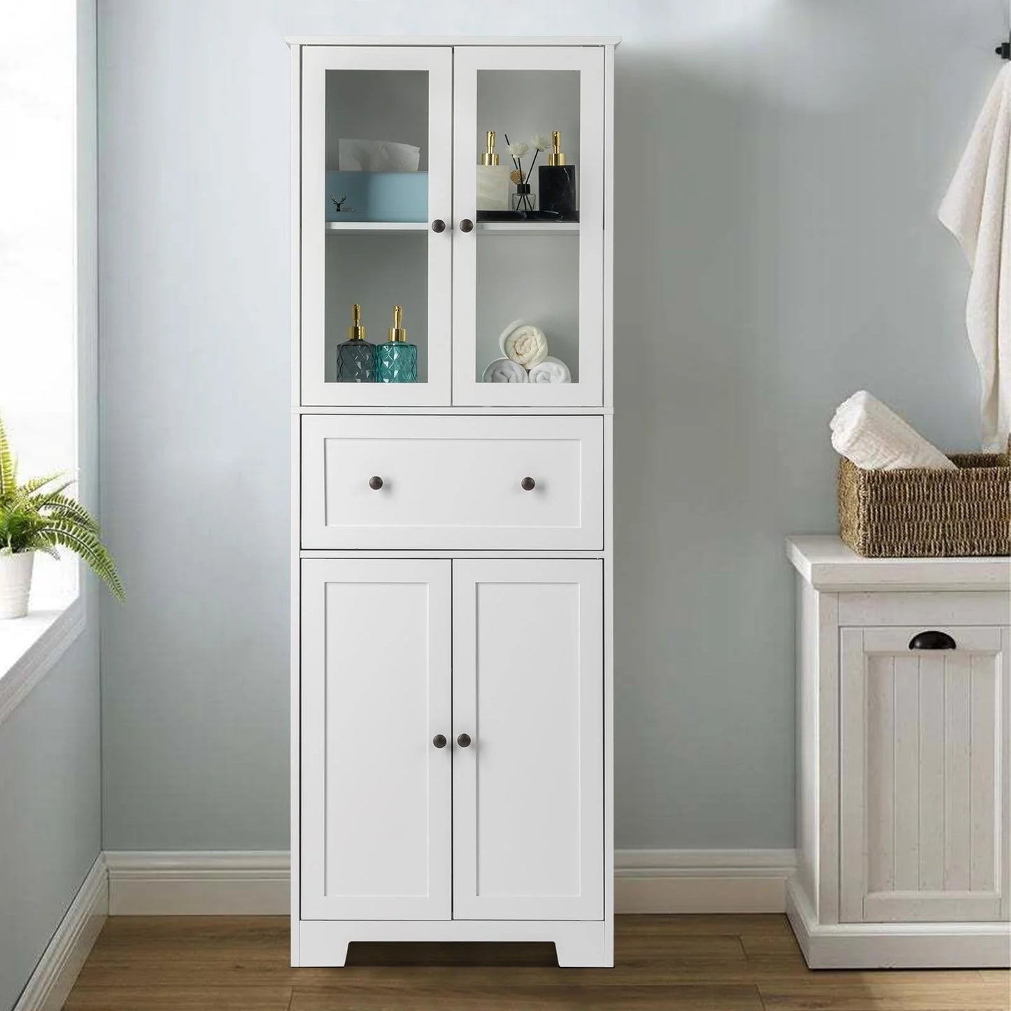 Ktaxon 64" Tall Bathroom Storage Cabinet Organizer, Freestanding Kitchen Pantry Cabinet Line Tower with 2 Glass Doors, Large Drawer & 4 Adjustable Shelves for Dining Room Living Room Home Office,White