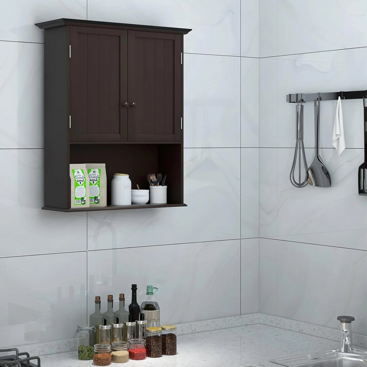 NALYL Wall Mount Bathroom Cabinet Wooden Medicine Cabinet Storage Organizer with 2-Doors and 1-Shelf Cottage Collection Wall Cabinet (Espresso)