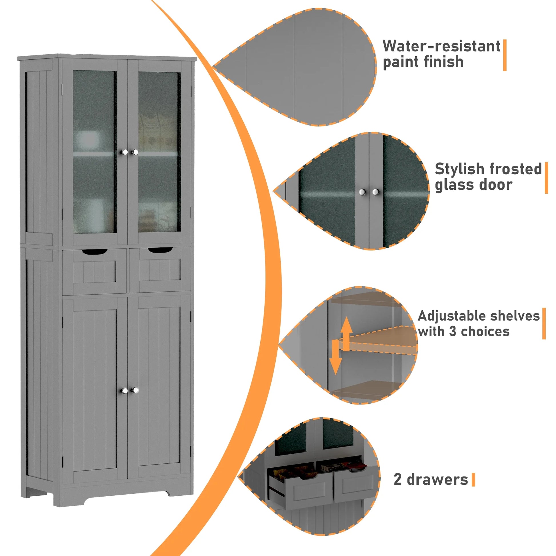 Joywind Gray Freestanding Bathroom Storage Cabinet with Glass Doors - 67" Tall Linen Organizer with 2 Drawers & Adjustable Shelves, for Bathroom, Kitchen, Living Room, Office Storage