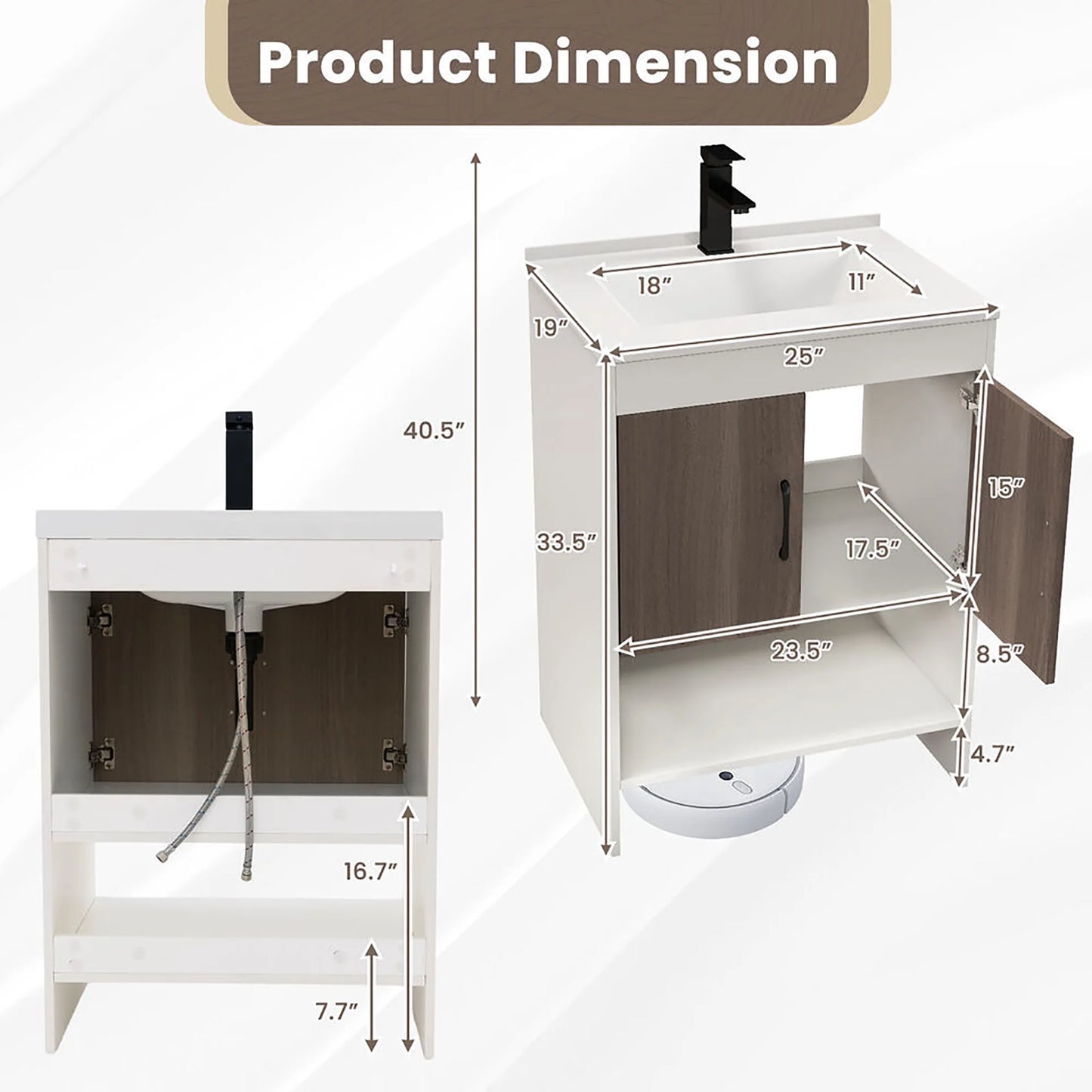 Gymax 25'' Bathroom Vanity Sink Combo w/Doors Open Shelf Backsplash Faucet Pop Up Drain