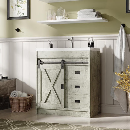 DreamCurship 32" Bathroom Vanity with Sink Combo, White Bathroom Storage Cabinet with Drawers, Farmhouse Bathroom Vanity Cabinet with Sliding Barn Doors, White