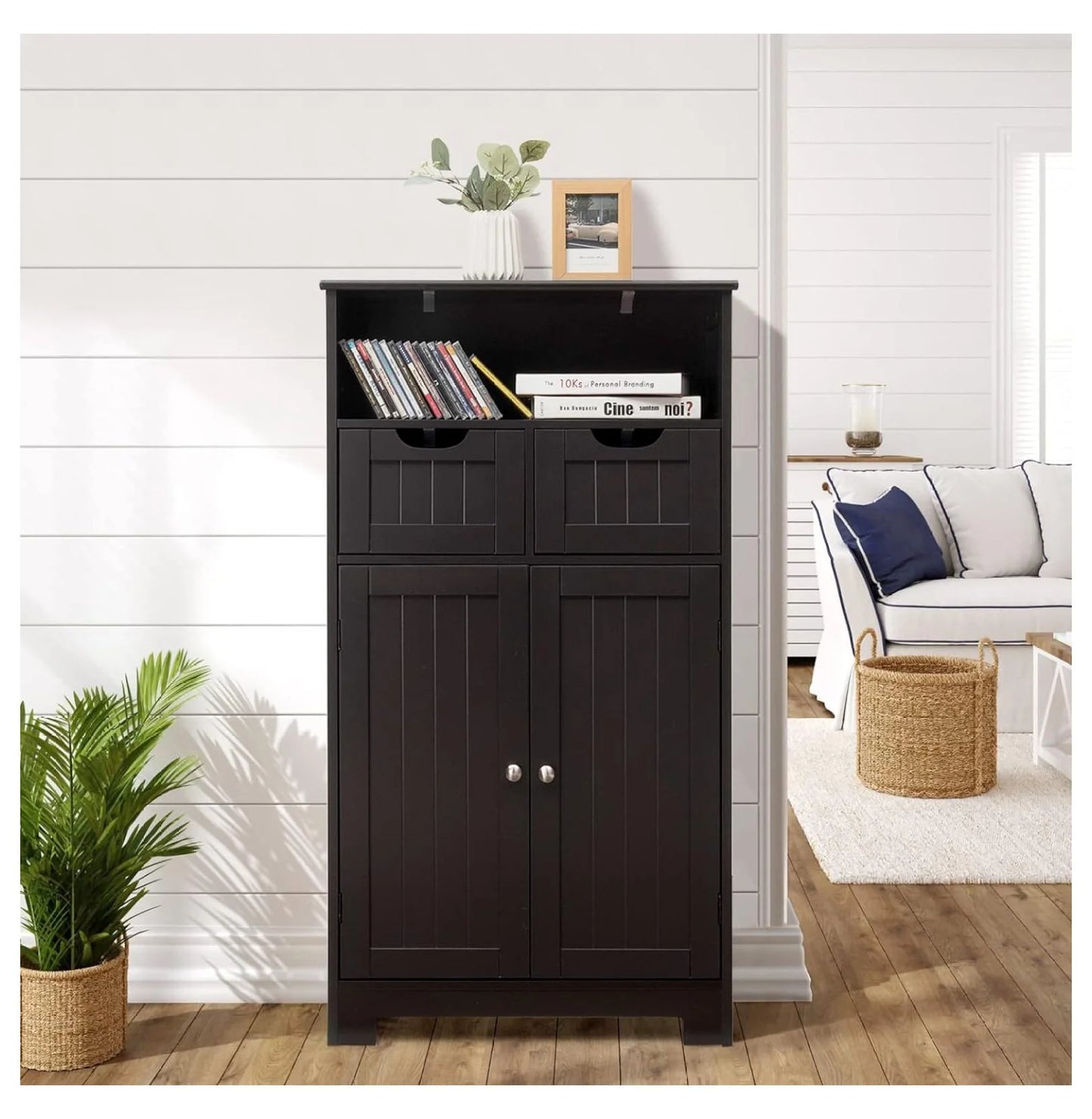Freestanding Wooden Storage Cabinet with 2 Drawers & Adjustable Shelf for Bathroom, Living Room, Bedroom, Kitchen - Brown
