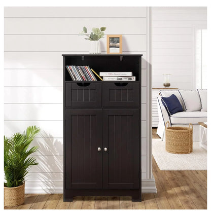 Freestanding Wooden Storage Cabinet with 2 Drawers & Adjustable Shelf for Bathroom, Living Room, Bedroom, Kitchen - Brown