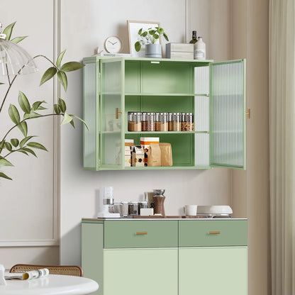 Royard Oaktree Metal Wall Cabinet with Glass Doors 3-Tier Wall Mounted Storage Cabinet with Detachable Shelves Modern Medicine Cabinet for Kitchen Bathroom Living Room, Mint Green