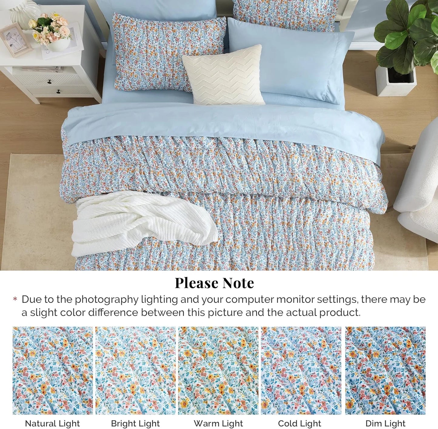 7 Pieces Blue Classic Puff Floral Bedding Sets for All Seasons, Shabby Chic Farmhouse Bed in a Bag Queen with Wildflowers Fluffy Comforter, Sheets, Pillowcases & Shams