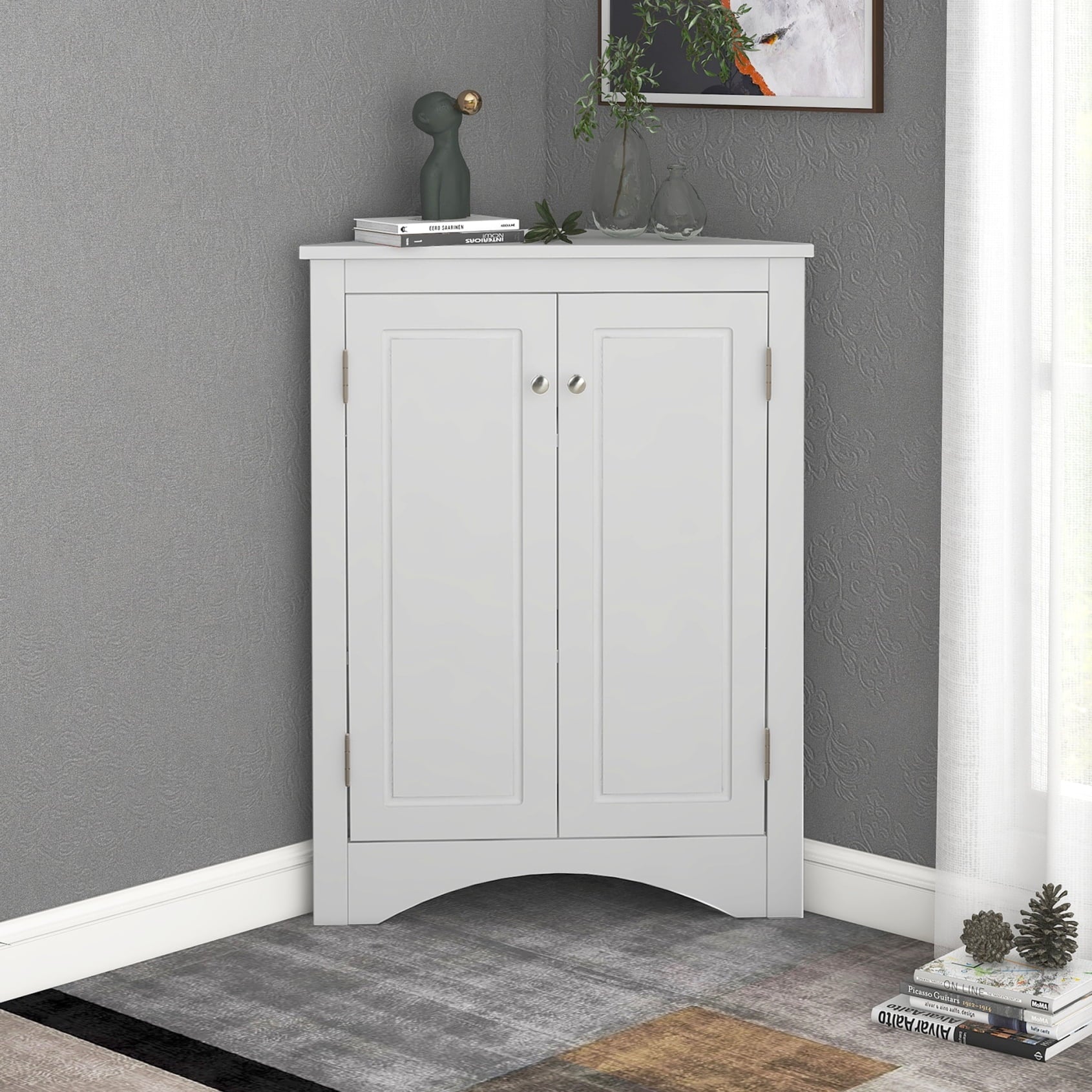 Triangle Bathroom Storage Cabinet, Wooden Corner Freestanding Floor Cabinet with Double Doors and Adjustable Shelves, Mordern Console Table for Bathroom, Living Room, Small Space, Grey