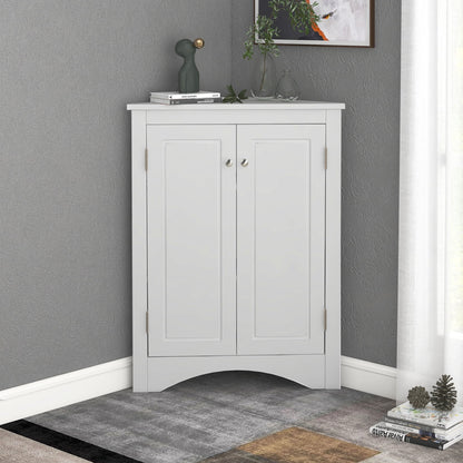 Triangle Bathroom Storage Cabinet, Wooden Corner Freestanding Floor Cabinet with Double Doors and Adjustable Shelves, Mordern Console Table for Bathroom, Living Room, Small Space, Grey