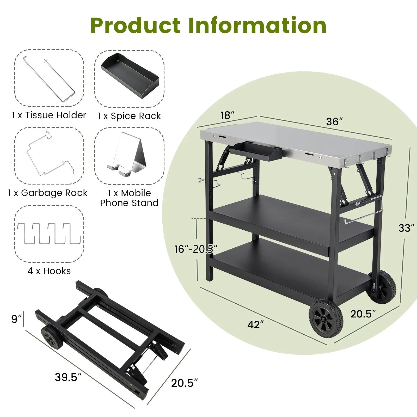 Topbuy Outdoor Food Prep Cart Table 3-tier Mobile Serving Trolley with Adjustable Shelf Phone Stand Spice Rack Towel Rack Garage Rack