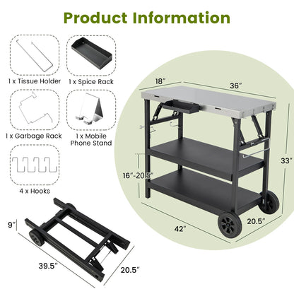 Topbuy Outdoor Food Prep Cart Table 3-tier Mobile Serving Trolley with Adjustable Shelf Phone Stand Spice Rack Towel Rack Garage Rack