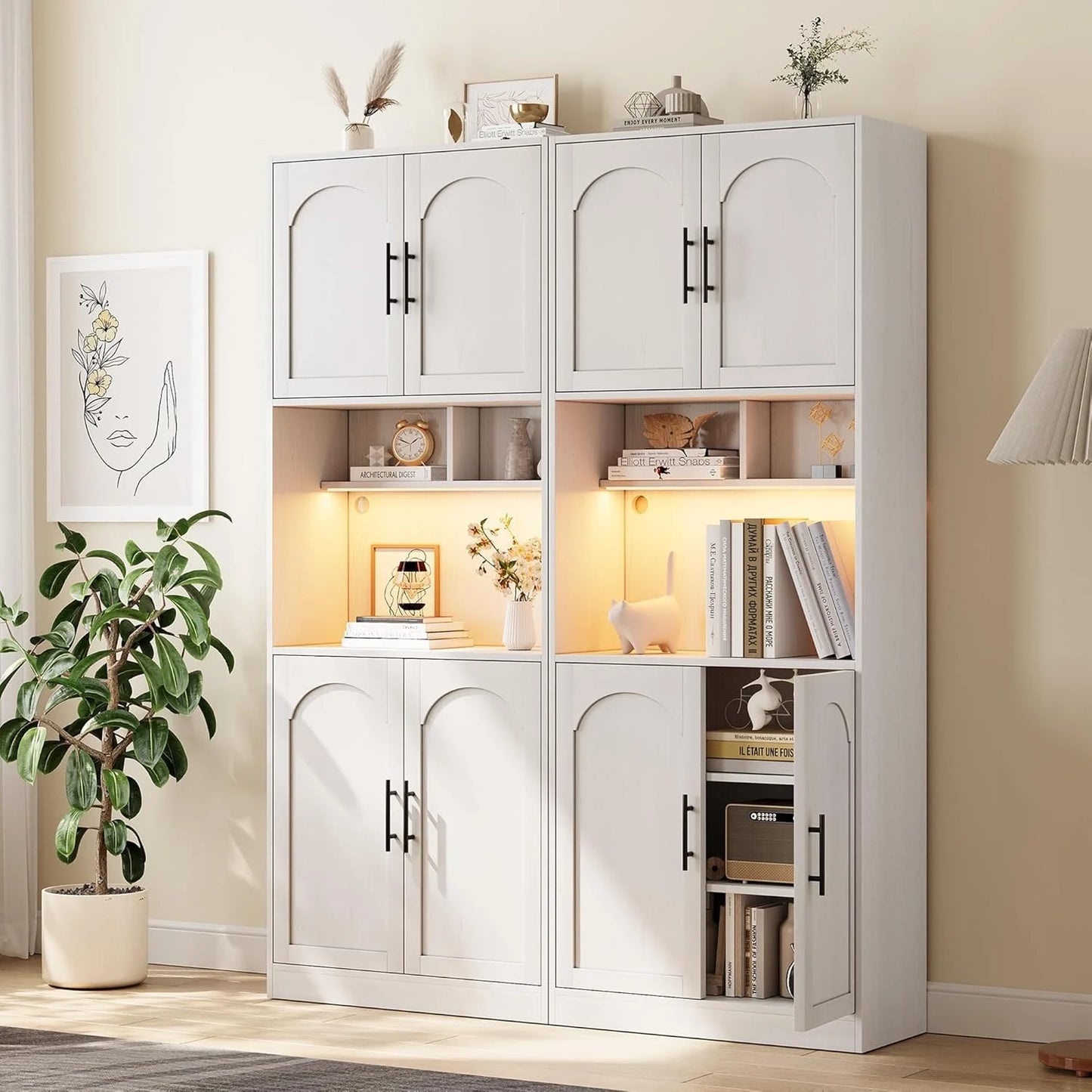 71° Tall Kitchen Pantry Storage Cabinet with Microwave Shelf and LED Light, Storage Cabinet with Door and Shelve, Hutch Cabinet with Storage for Dining Room, Living Room, Bathroom, White