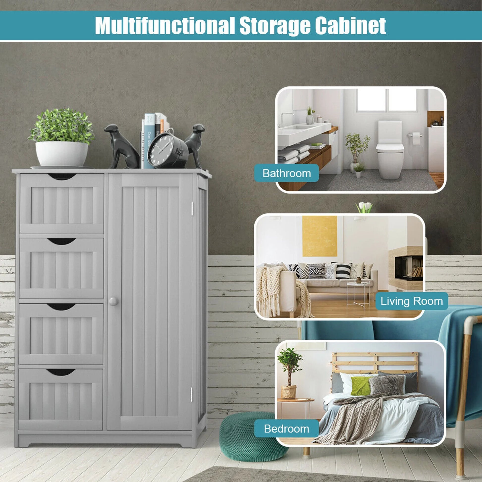 Gymax Bathroom Floor Cabinet Storage Organizer Cupboard w/4 Drawers Adjustable Shelf Grey