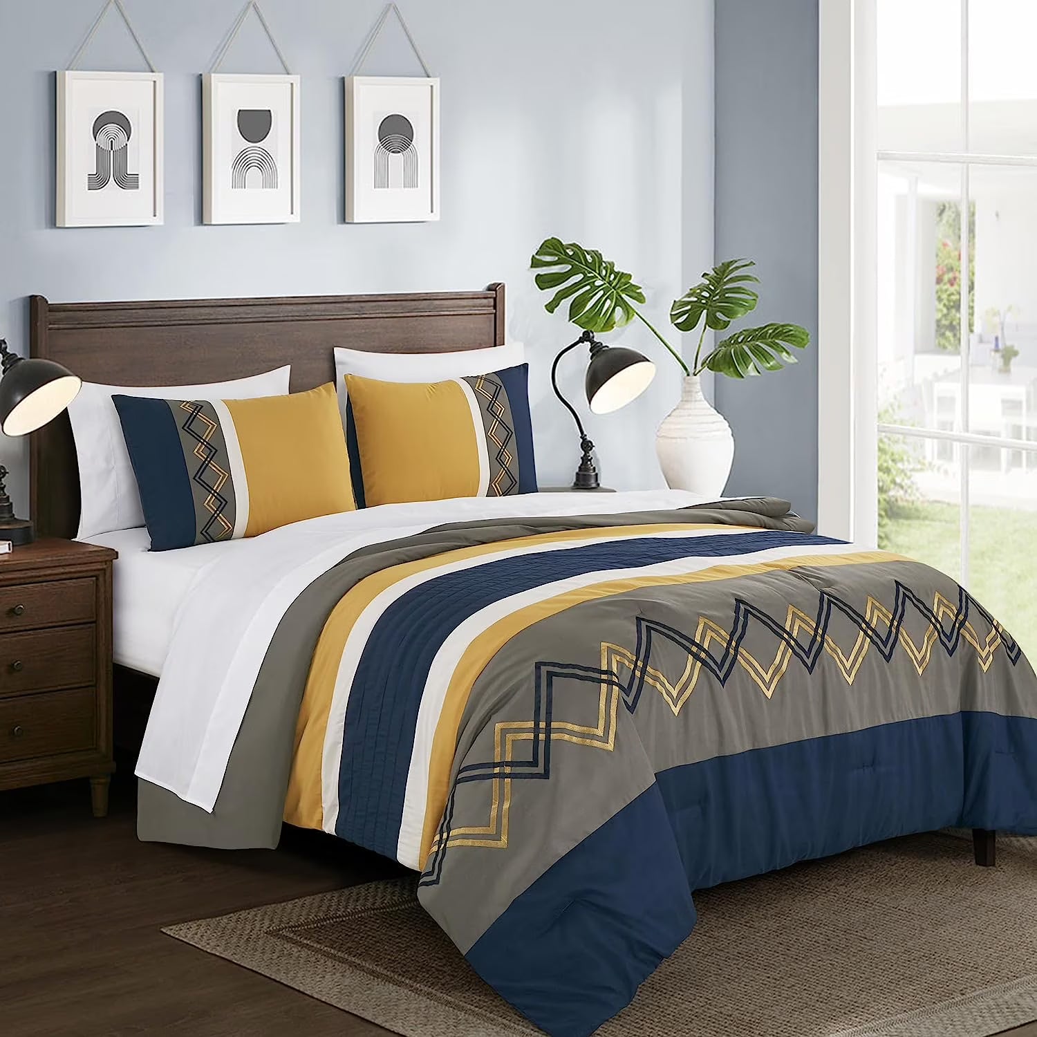 Chezmoi Collection Jaxson King Bed in a Bag 7-Piece Comforter Set with Sheets Modern Pleated Stripe Embroidered Purple/Black/Gray/White Zigzag Lightweight All Season Bedding