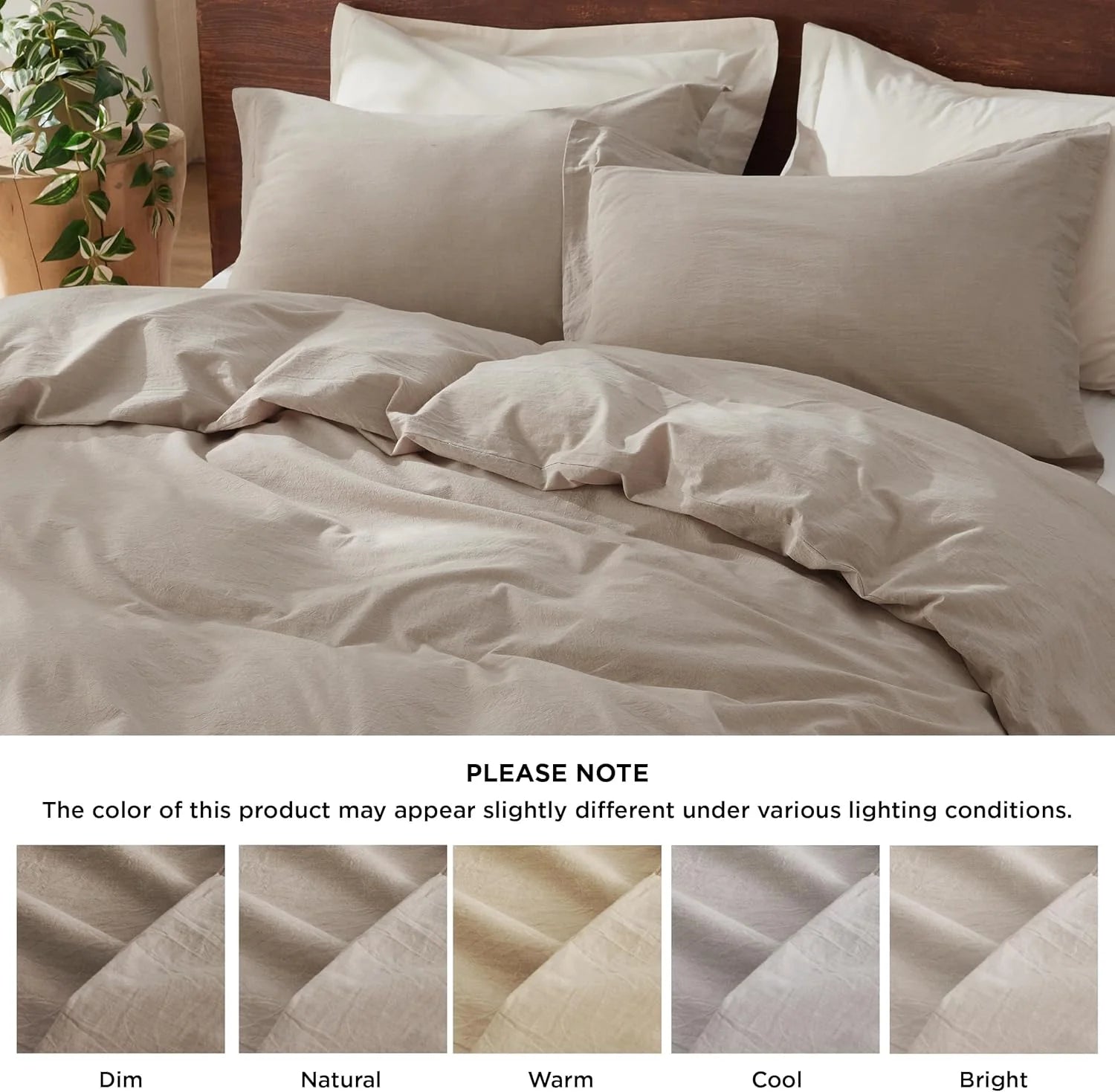 100% Washed Cotton Duvet Cover Queen Size - Warm Sand Minimalist Duvet Cover Linen Like for All Seasons - GentleSoft Plain Simple Bedding