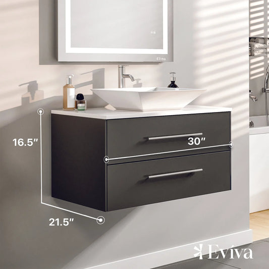 Totti Wave 30" Espresso Modern Bathroom Vanity w/Super White Man-Made Stone Top & Sink