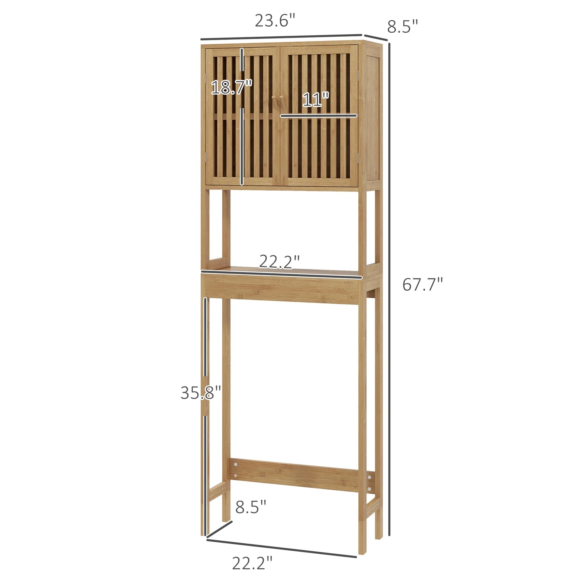 HOMCOM Bamboo Over the Toilet Storage Cabinet, Bathroom Space Saver Above Toilet with Double Slatted Doors, Adjustable Shelf and Open Shelf, Natural