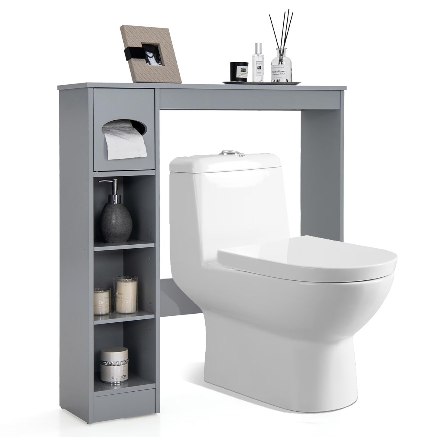 Costway Wooden Over the Toilet Storage Cabinet Bathroom Space Saver w/Paper Holder Grey