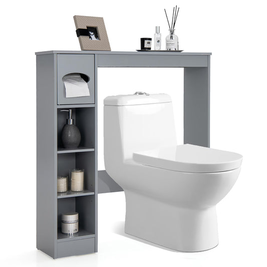 Costway Wooden Over the Toilet Storage Cabinet Bathroom Space Saver w/Paper Holder Grey