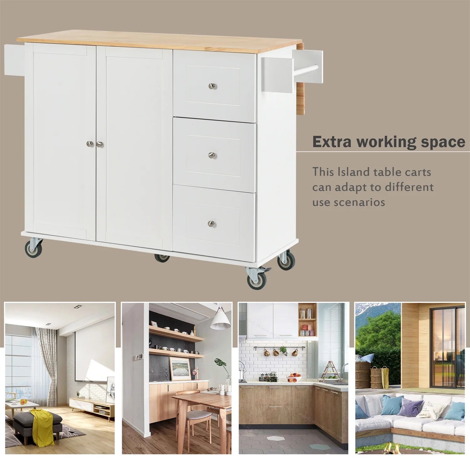 Kitchen Island Cart, Drop Leaf Kitchen Island on Wheels with Spice Rack, Towel Rack and 3 Drawers, Rolling Mobile Kitchen Island with Storage Cabinets and Solid Wood Top, White