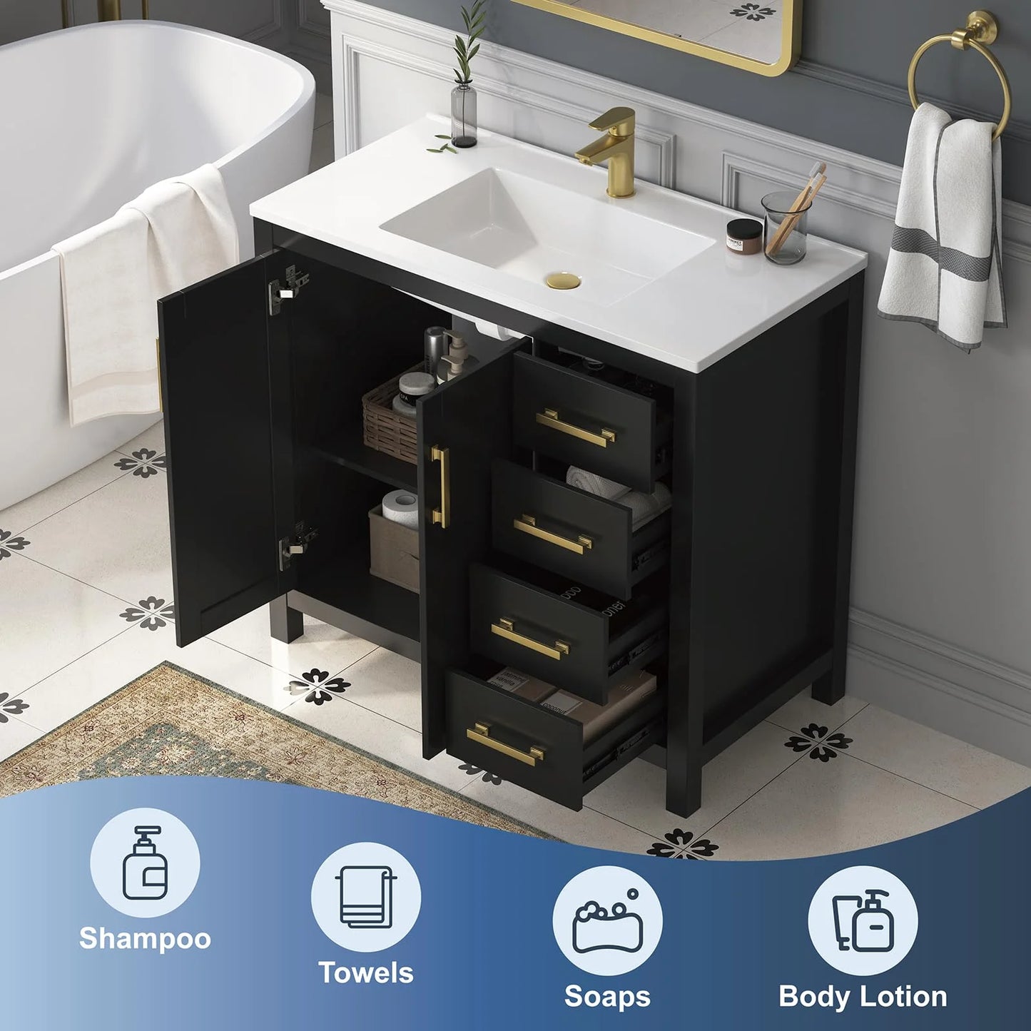 DELUXE LIVING 36 Inch Bathroom Vanity with Sink, Modern Black Bathroom Vanities with Adjustable Feets, 2 Soft-Closing Doors & 4 Drawers, Integral Sink