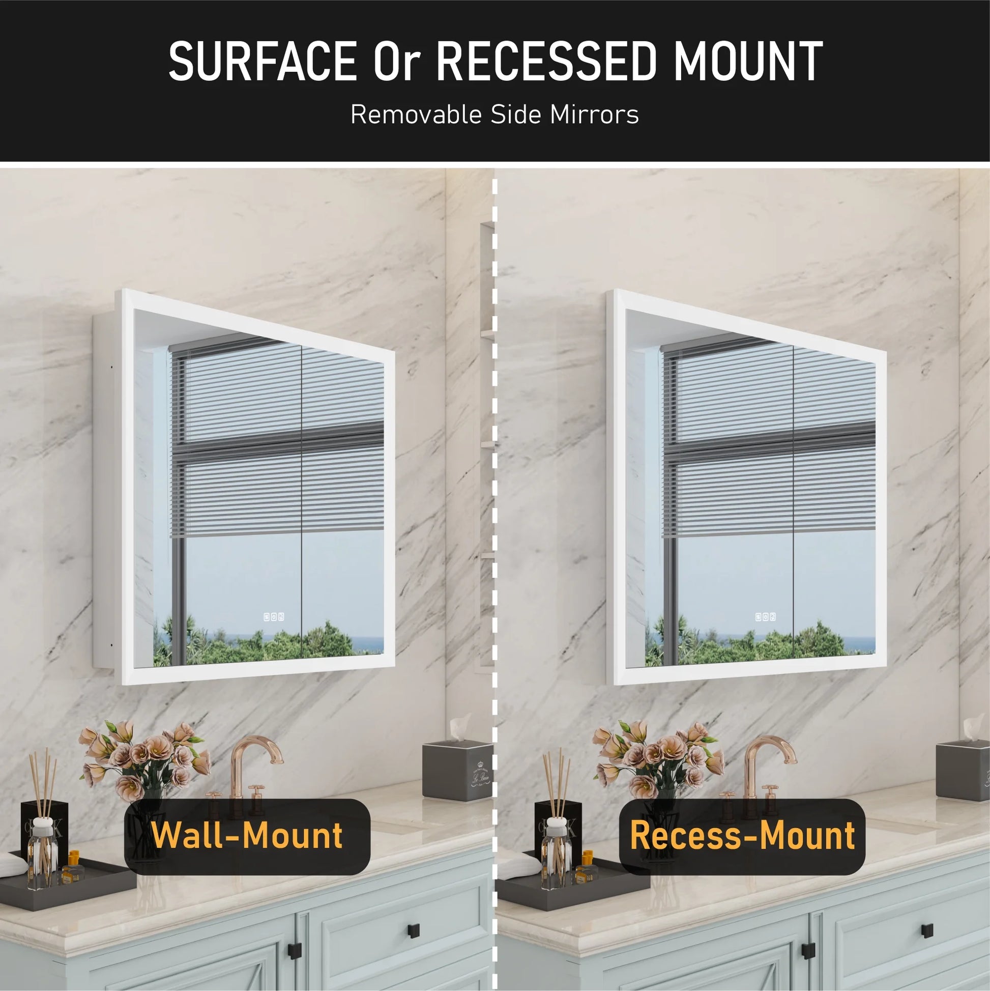 ANGELES HOME 36" x 32" LED Lighted Bathroom Medicine Cabinet with Mirror, 3X Magnification Makeup Mirror, Vanity Mirror Cabinet w/Defogger, Dimmable, Memory Function, Outlets & USB