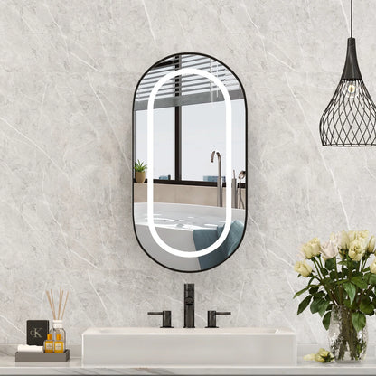 Hironpal Recessed or Wall Mounted 3 Color LED Oval Medicine Cabinet with 17x32 Inch Mirror for Bathroom,Black