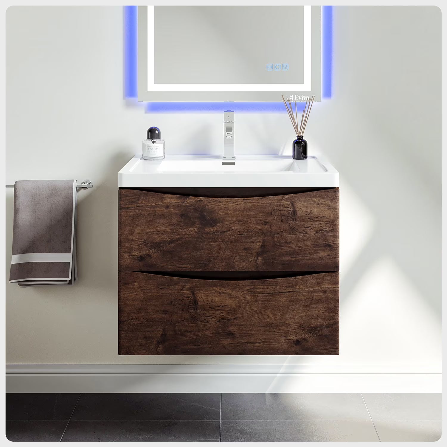 Eviva Smile 30" White Oak Wall Mount Modern Bathroom Vanity w/White Integrated Top