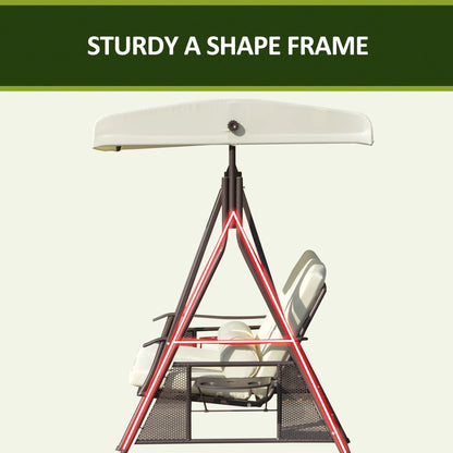 Outsunny 2-Person Patio Swing Bench with Adjustable Shade Canopy, Soft Cushions, Throw Pillows and Tray, Beige.