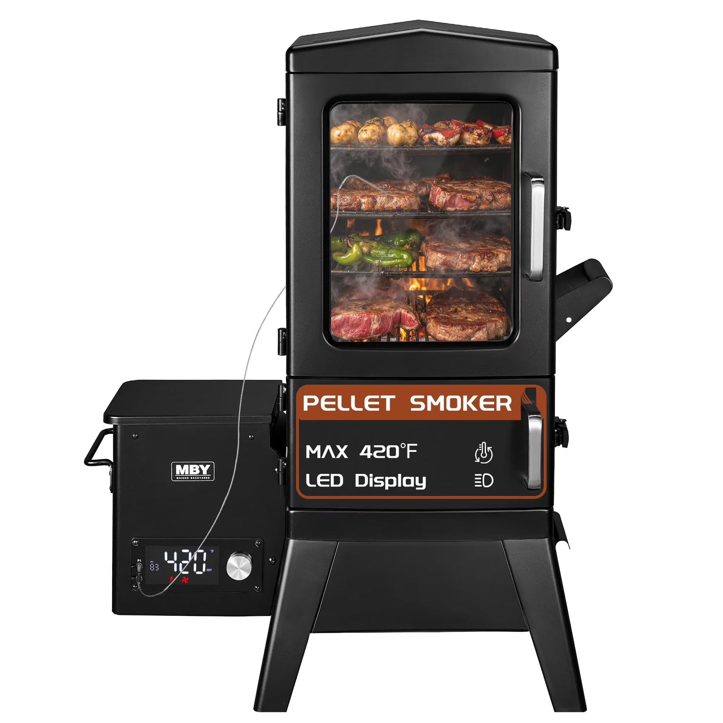 Vertical Electric Pellet Smoker Grill with Cover, 616 sq in Cooking Area, LED Temperature Control, Meat Probe, Outdoor BBQ Smoker for Steak, Ribs, Fish & Vegetables