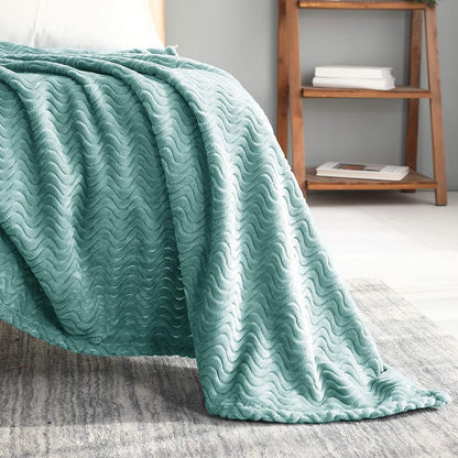 Exclusivo Mezcla King Size Jacquard Weave Wave Pattern Flannel Fleece Velvet Plush Bed Blanket as Bedspread/Coverlet/Bed Cover (90" x 104", Celadon) - Soft, Lightweight, Warm and Cozy