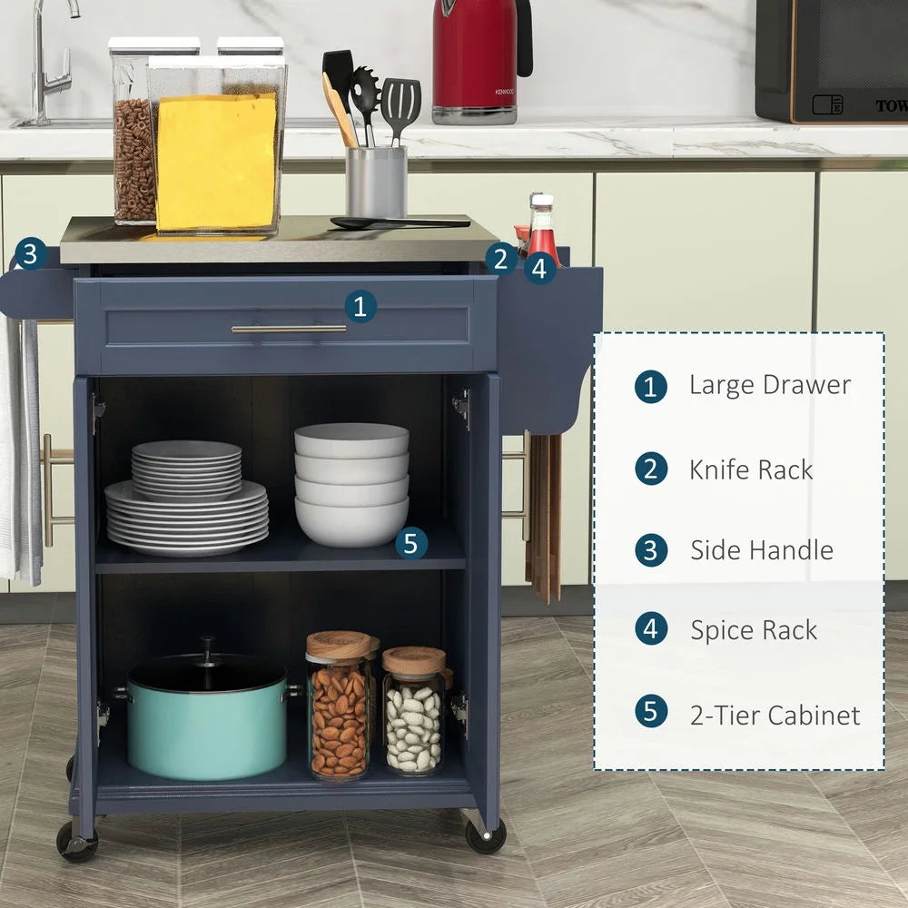 Barara King Kitchen Island,Rolling Island on Wheels, Kitchen Island Cart with Drawer, Towel Rack & Stainless Steel Countertop, Cream White