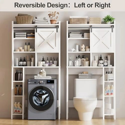 Over The Toilet Storage Cabinet, Farmhouse Storage Cabinet Over Toilet with Sliding Barn Doors, Freestanding Bathroom Organizer Shelf Space Saving, Grey