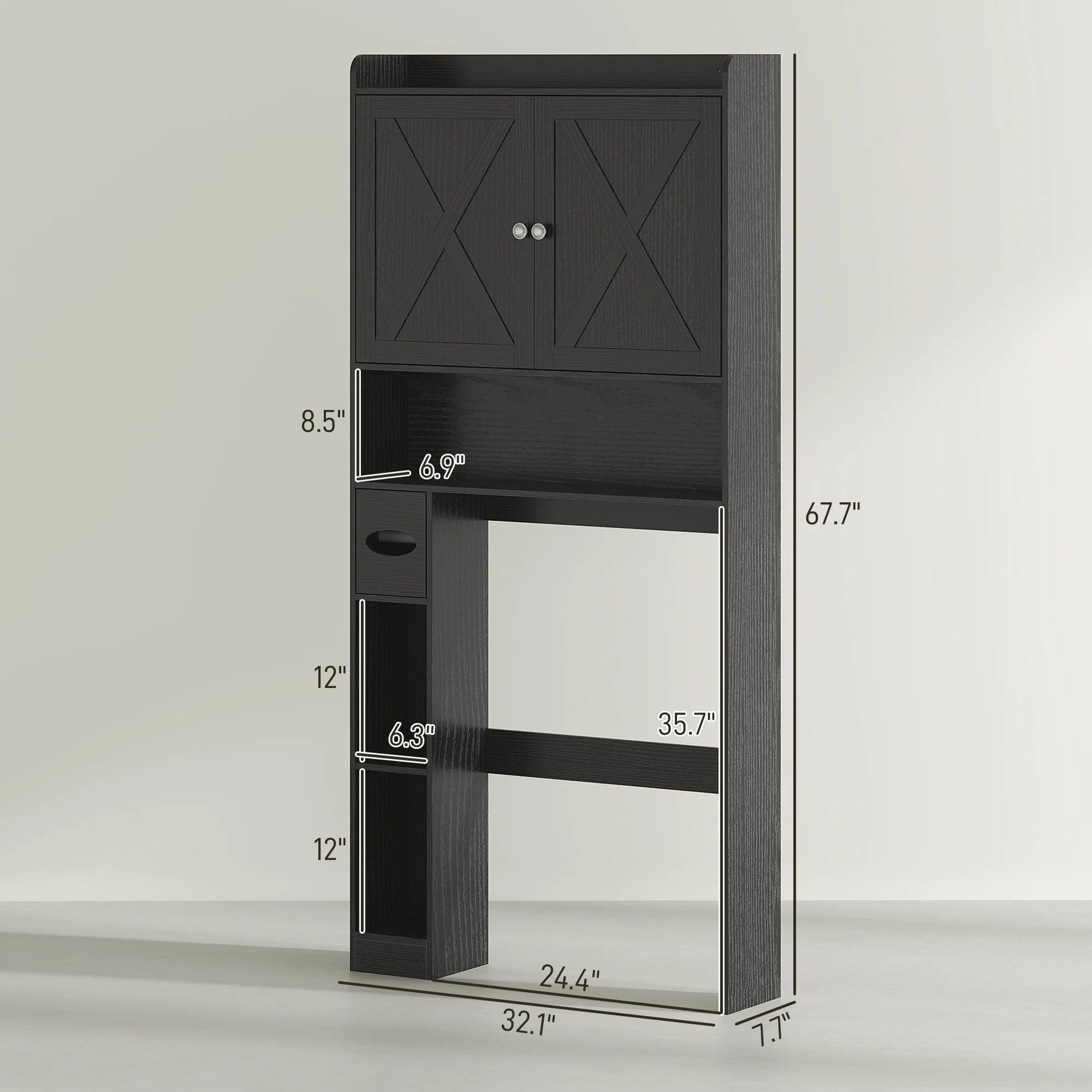 HOMCOM Over the Toilet Storage Cabinet, Farmhouse Above Toilet Bathroom Organizer with Barn Doors, Adjustable Shelf, Toilet Paper Holder, Black