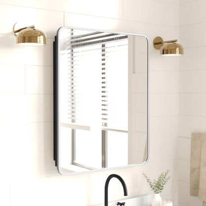 Merrick Lane 24" x 30" Reversible Bathroom Wall Medicine Cabinet with Rounded Rectangular Beveled Mirror and Black Metal Frame and Shelves